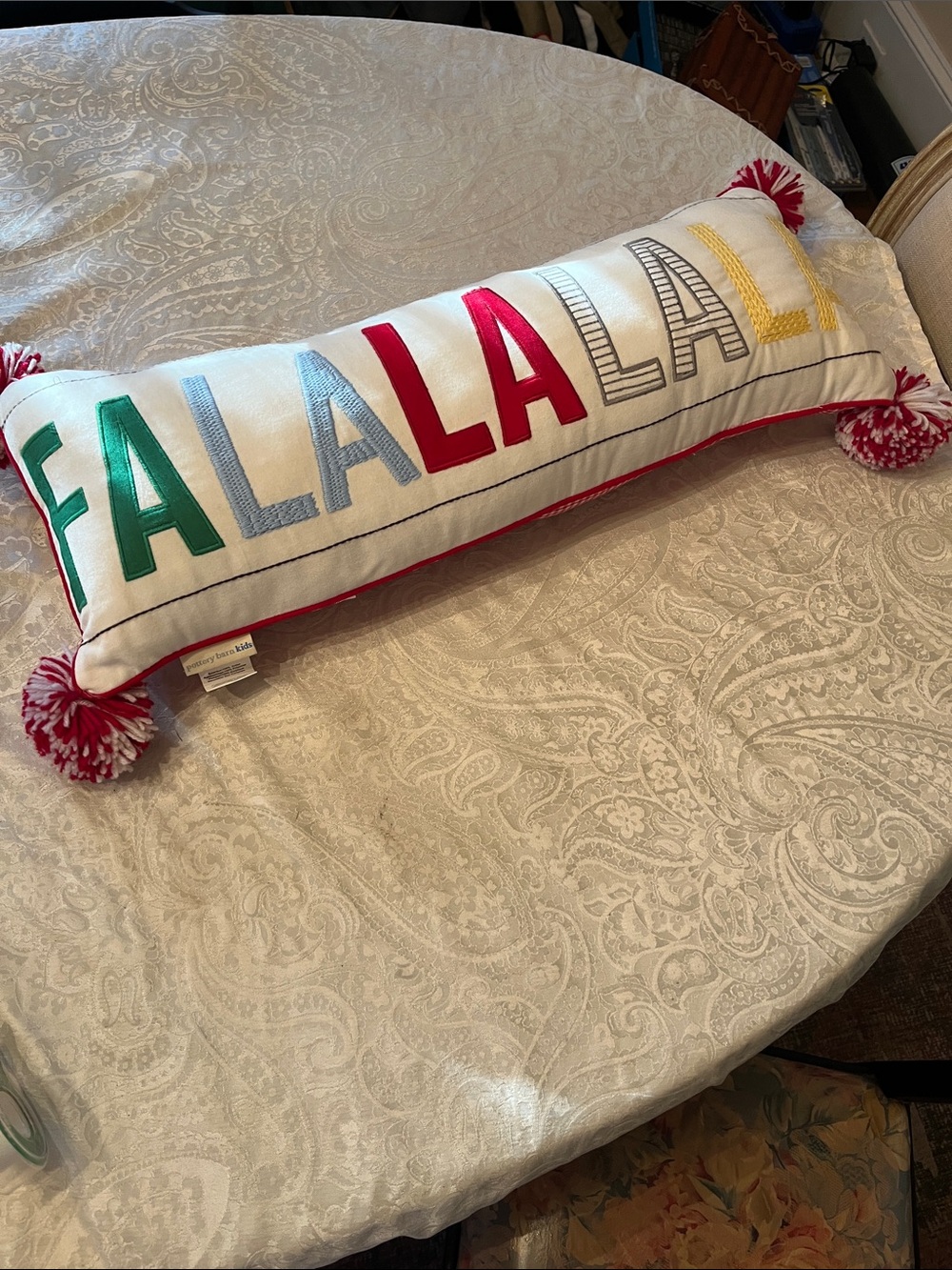 Pottery Barn Kids  'FA LA LA LA' Holiday Lumbar PillowMulticolor Letters EUC